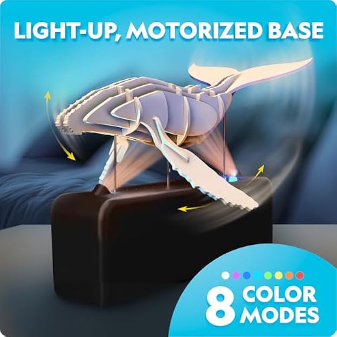 NATIONAL GEOGRAPHIC MOTORIZED WHALE 3D PUZZLE - 45-PIECE 3D WOOD MODEL KIT WITH LIGHT-UP MOTORIZED DISPLAY BASE WITH 8 LIGHT SETTINGS, 3D PUZZLES FOR KIDS, WOODEN ANIMAL PUZZLE, WHALE TOY - Image 4